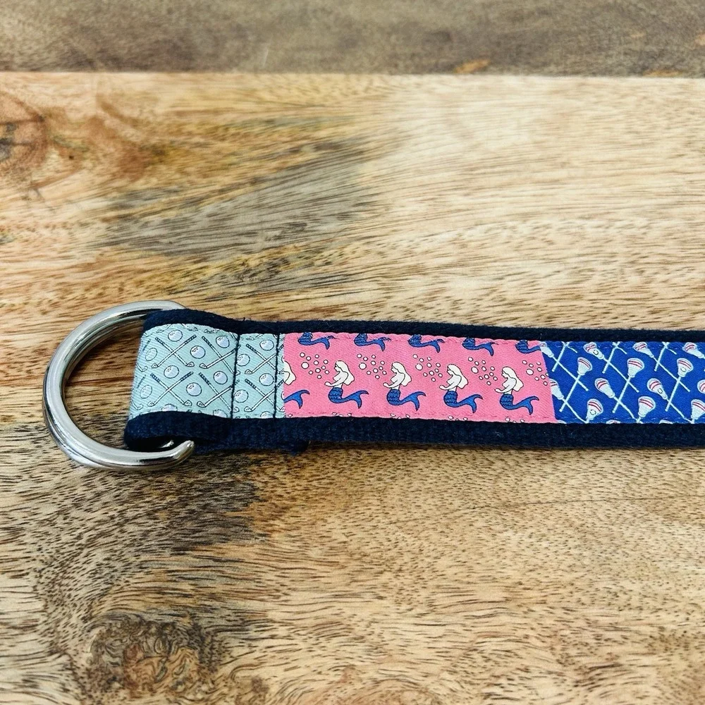 Vineyard Vines Patchwork Canvas D-Ring Belt Mens Medium Navy Multi Nautical Fish